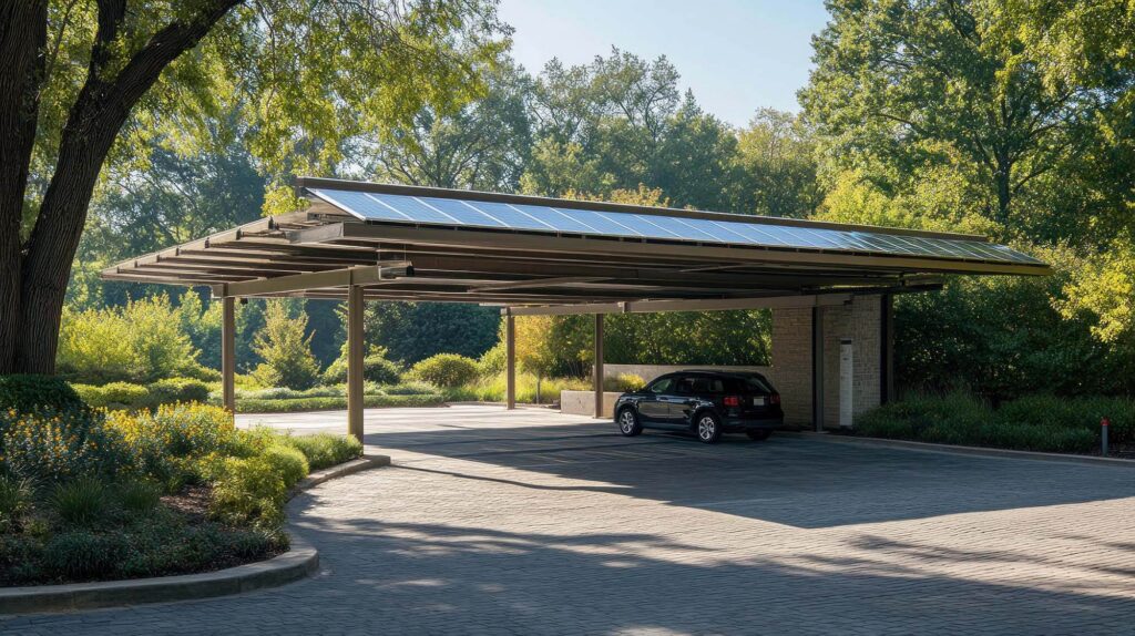 Czarny samochód pod wiatą Giardini Polska z dachem solarnym, otoczony zielenią; ekologiczna infrastruktura, BREEAM.