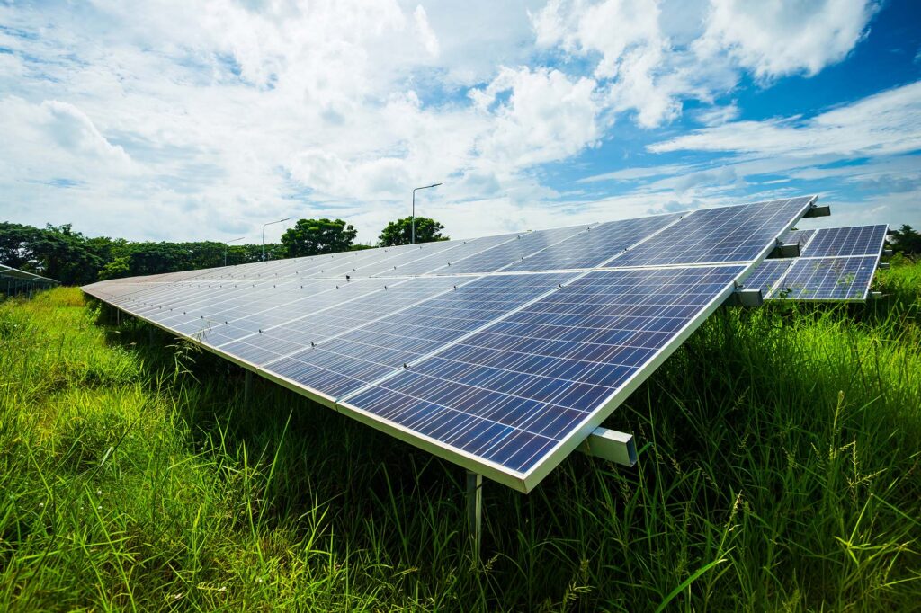 Panele słoneczne na trawie wśród drzew, ekologiczna infrastruktura ESG, projekt krajobrazu Giardini Polska.