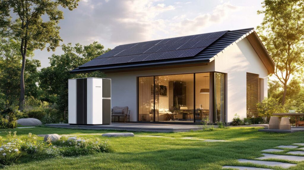 Nowoczesny dom z panelami Giardini Polska, bateria magazynująca energię, zielony trawnik; ekologia i BREEAM.