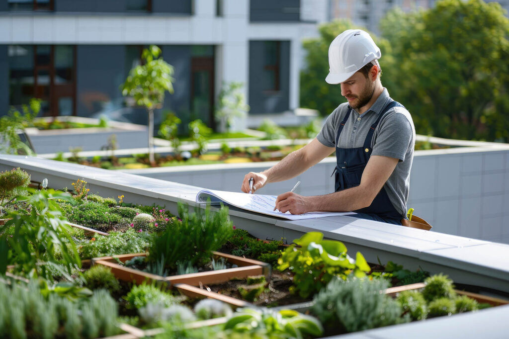 Inżynier na zielonym dachu Giardini Polska analizuje plany, promując ekologię, ESG i certyfikację BREEAM w mieście.